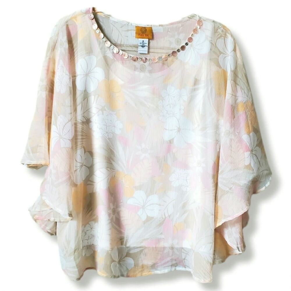 Ruby Rd Women Chiffon Floral Blouse Top M Fairy Floaty Breezy Flowy NEW Flaw
